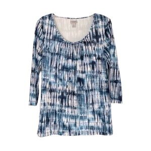 🌺 Chico's Watercolor Blue 3/4 Sleeve Stretchy Scoop Neck Knit Top Size 1 M
